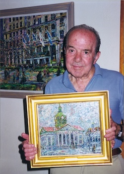 Armondo Dellasanta (1916-2010) was born to immigrant parents in 
Binghamton, New York and grew up in an ethnically diverse and vibrant neighborhood. 
Those surroundings influenced his choice of subject matter as an artist. He served 
in the Civilian Conservation Corps and fought in France and Austria during World War 
II where he earned the Bronze Star.  He started to paint in the late 1950s and was 
influenced by the “Ashcan” School whose artists painted scenes of everyday life. He 
soon developed his own unique colorful, Impressionistic style, painting with 
customized palette knives he created himself.