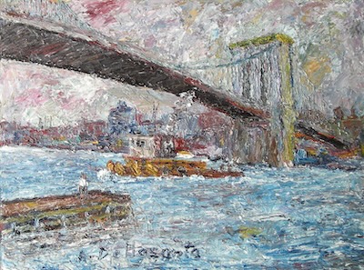 Armondo Dellasanta - Brooklyn Bridge Tugboat, circa 1960, 12x16