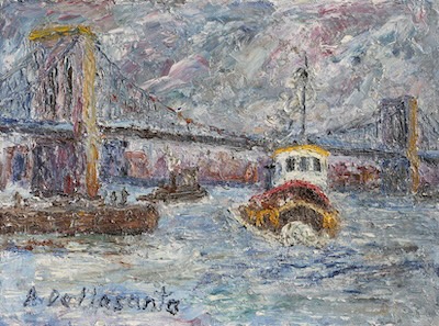 Armondo Dellasanta - Brooklyn Bridge with Tugboat, circa 1960, 9x12
